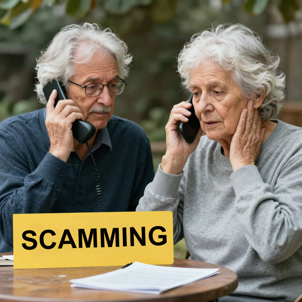 A middle‑aged couple sit together looking worried as they both hold phones to their ears. A sign with the word “Scamming” is visible, highlighting their concern about a possible scam call.