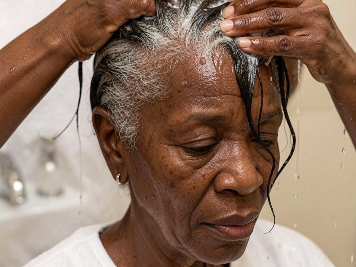 An older black woman sits at her sink while a carer gently washes and conditions her hair in her own home.