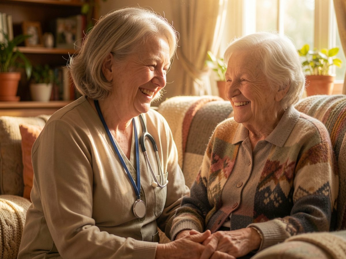 A carer sits on a cosy chair beside an older woman, smiling and holding her hand in a warm, supportive moment.