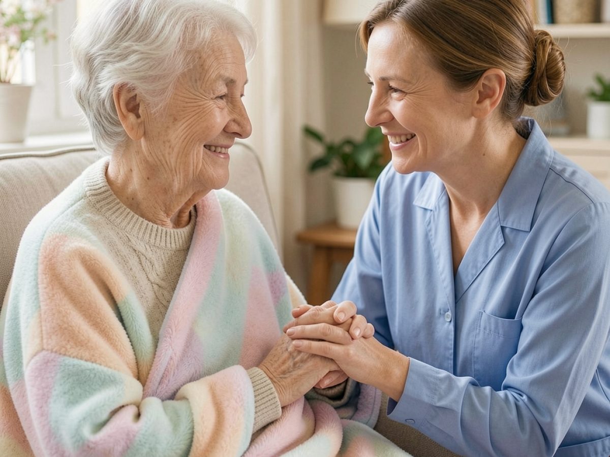 A carer sits beside an older woman, their hands clasped and smiling, they both share warmth, happiness and companionship.