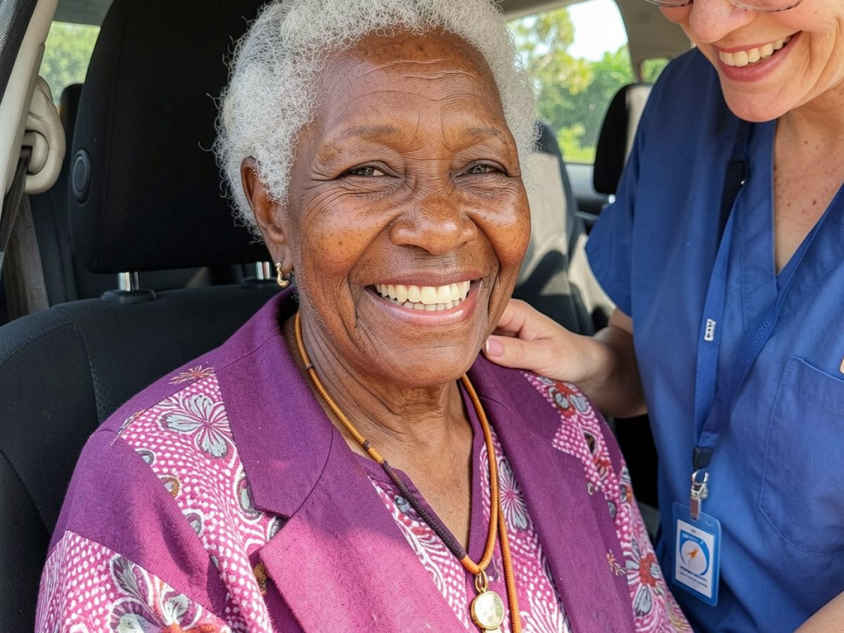 An older Black woman sits in a car smiling broadly while a carer beside her offers support, both looking happy and relaxed.