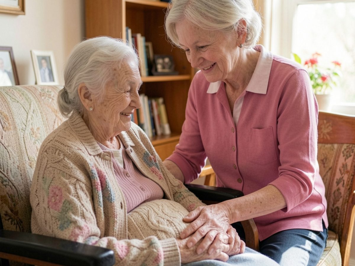 A mature carer places her hand gently over an older woman’s hand as they sit together smiling warmly.