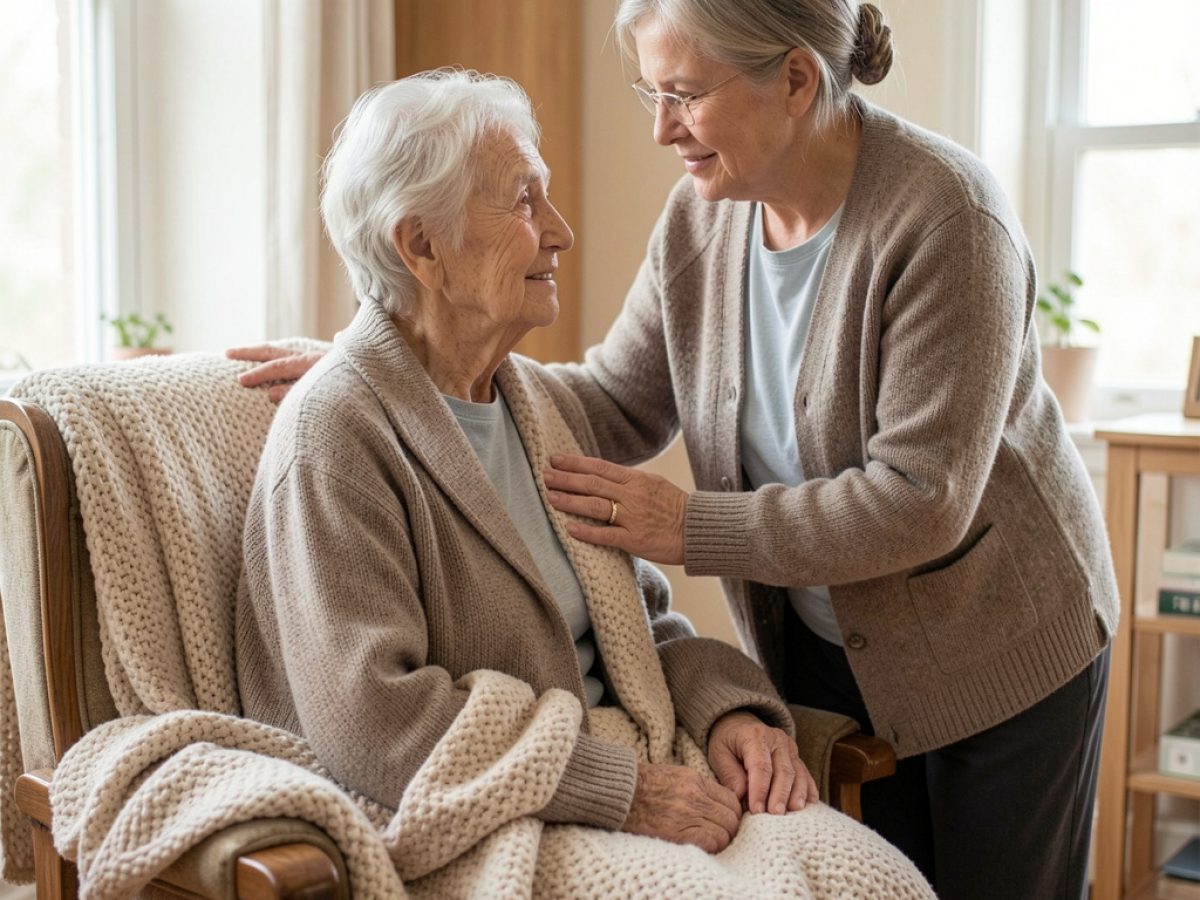 A mature carer places her hand gently over an older woman’s hand as they sit together smiling warmly.
