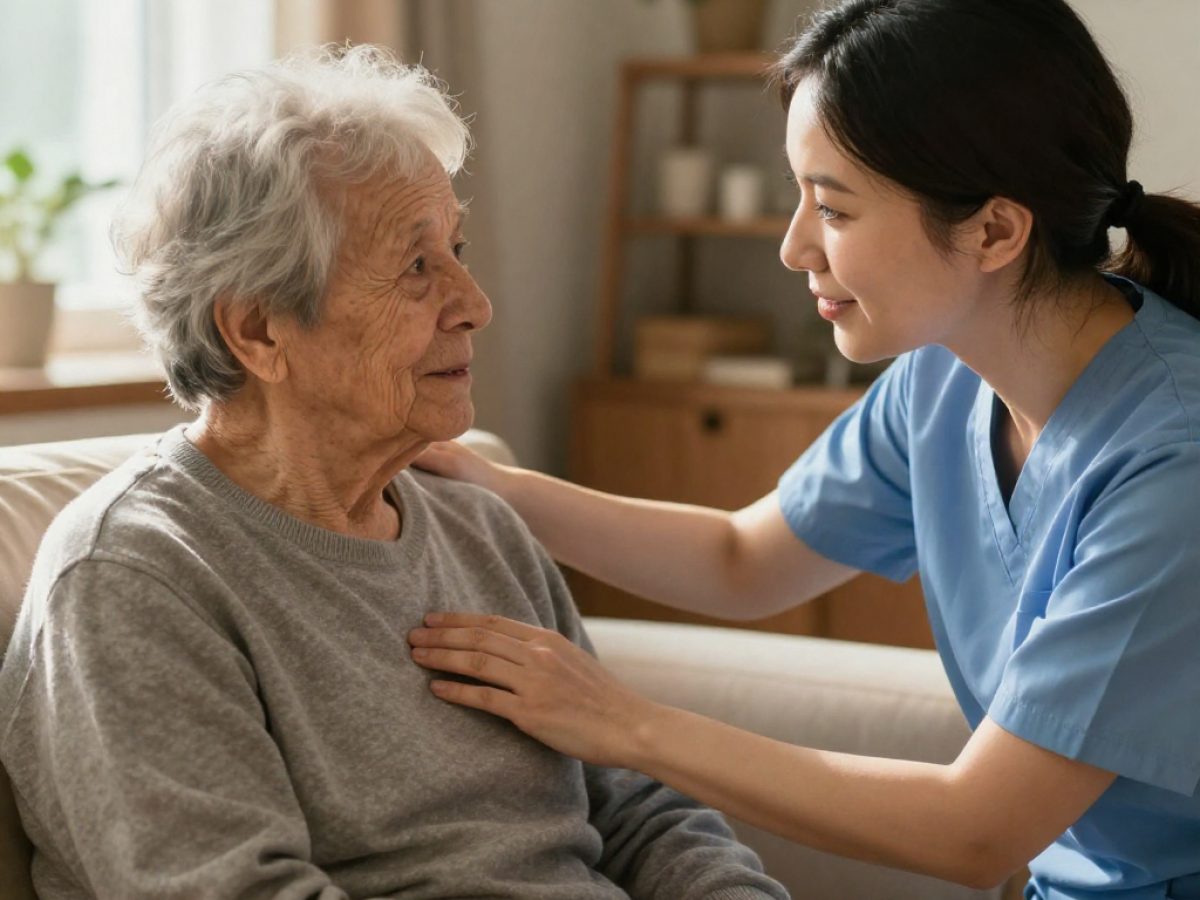 A young carer offers gentle reassurance to an older woman living with dementia offering calmness , patience and reassurance and compassionate support.