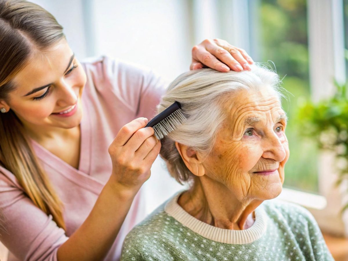 An older woman smiles as a young carer gently combs and styles her freshly washed hair at home.
