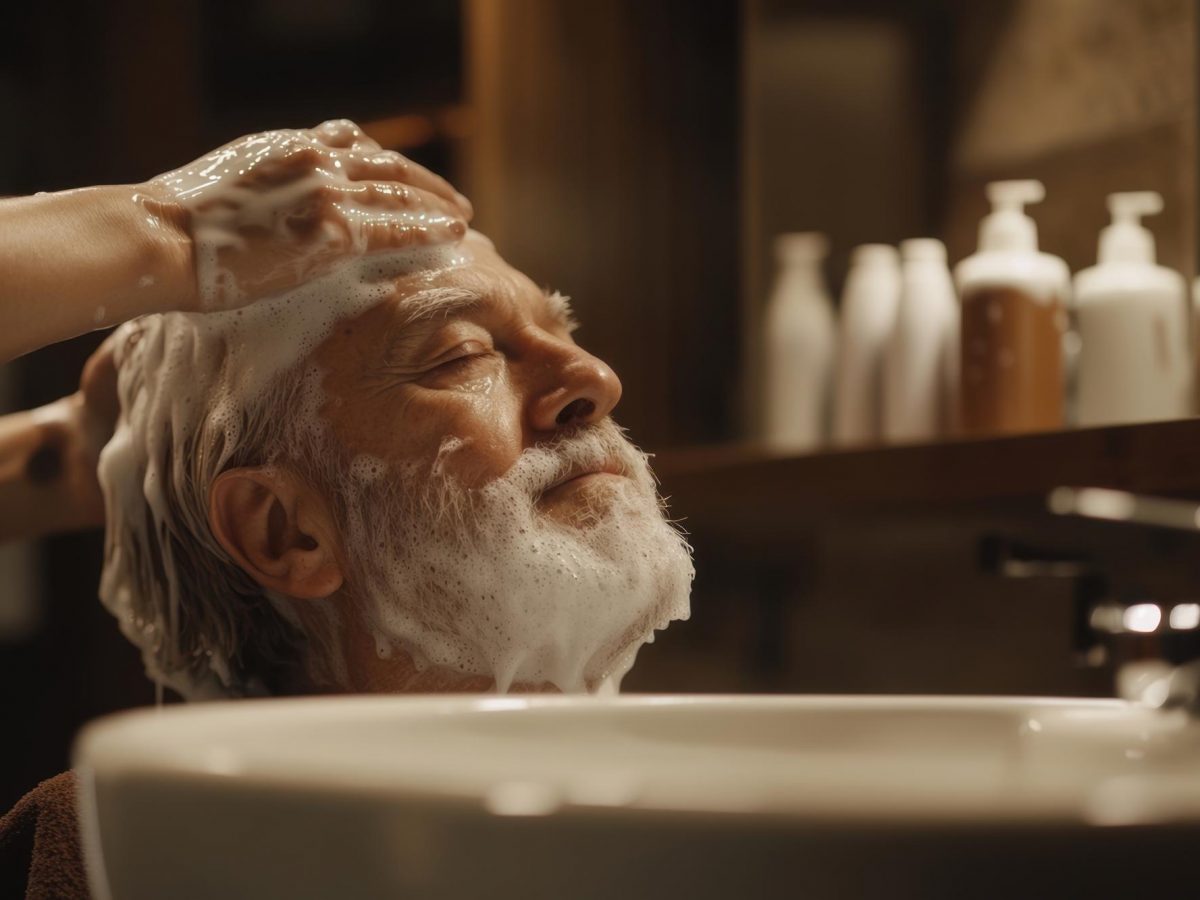 An older man sits at a sink with his eyes closed while a carer gently washes his hair, looking relaxed and comfortable.