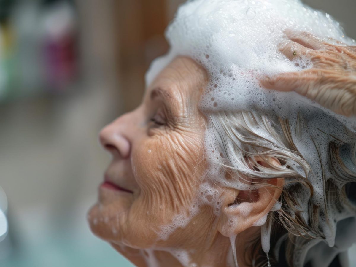 An elderly person receiving a gentle hair wash from a carer, representing guidance on how often older adults should wash their hair.